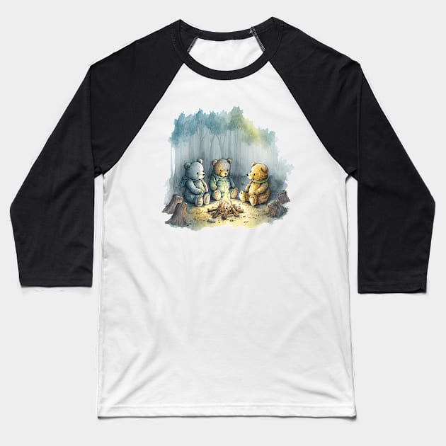 Teddy Bears Camping Watercolor Baseball T-Shirt by peachycrossing